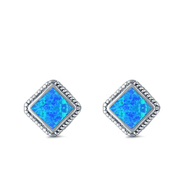 Cushion Cut Stud Earrings Lab Created Blue Opal 925 Sterling Silver (15mm)